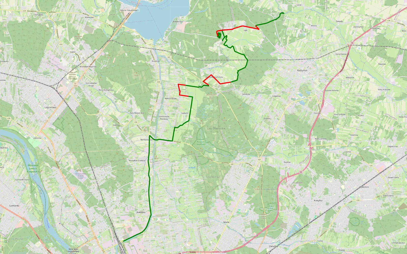 Mapa trasy Żerań - Mokre Nowe - 26.3 km trasy offroad, Powiat Legionowski