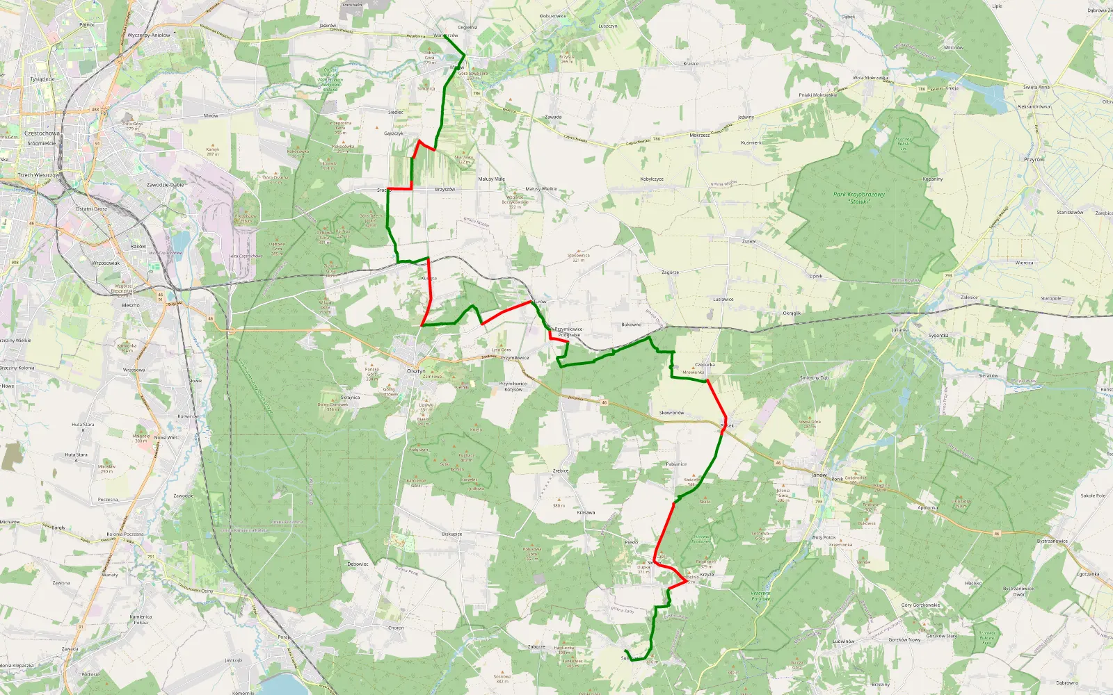 Mapa trasy Cegielnia - Suliszowice - 33.3 km trasy offroad, Powiat Częstochowski