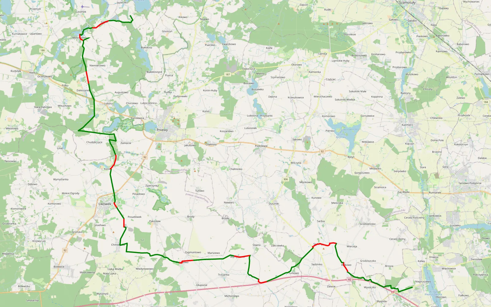 Map of Niepruszewo - Łężeczki - 64.4 km offroad trail, Nowy Tomyśl County