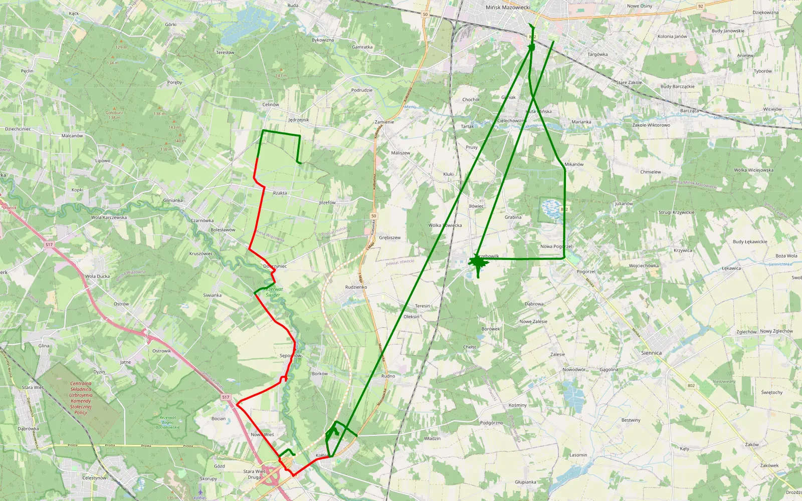 Mapa trasy Rzakta - Anielina - 22.7 km trasy offroad, Powiat Otwocki