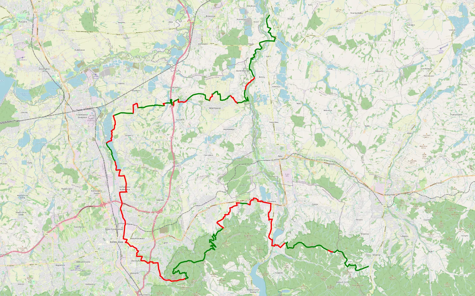 Map of Targanice - Porębski Groń - Przełęcz Bukowska - Trzonka - Bukowiec - 73.8 km offroad trail, Bielsko County
