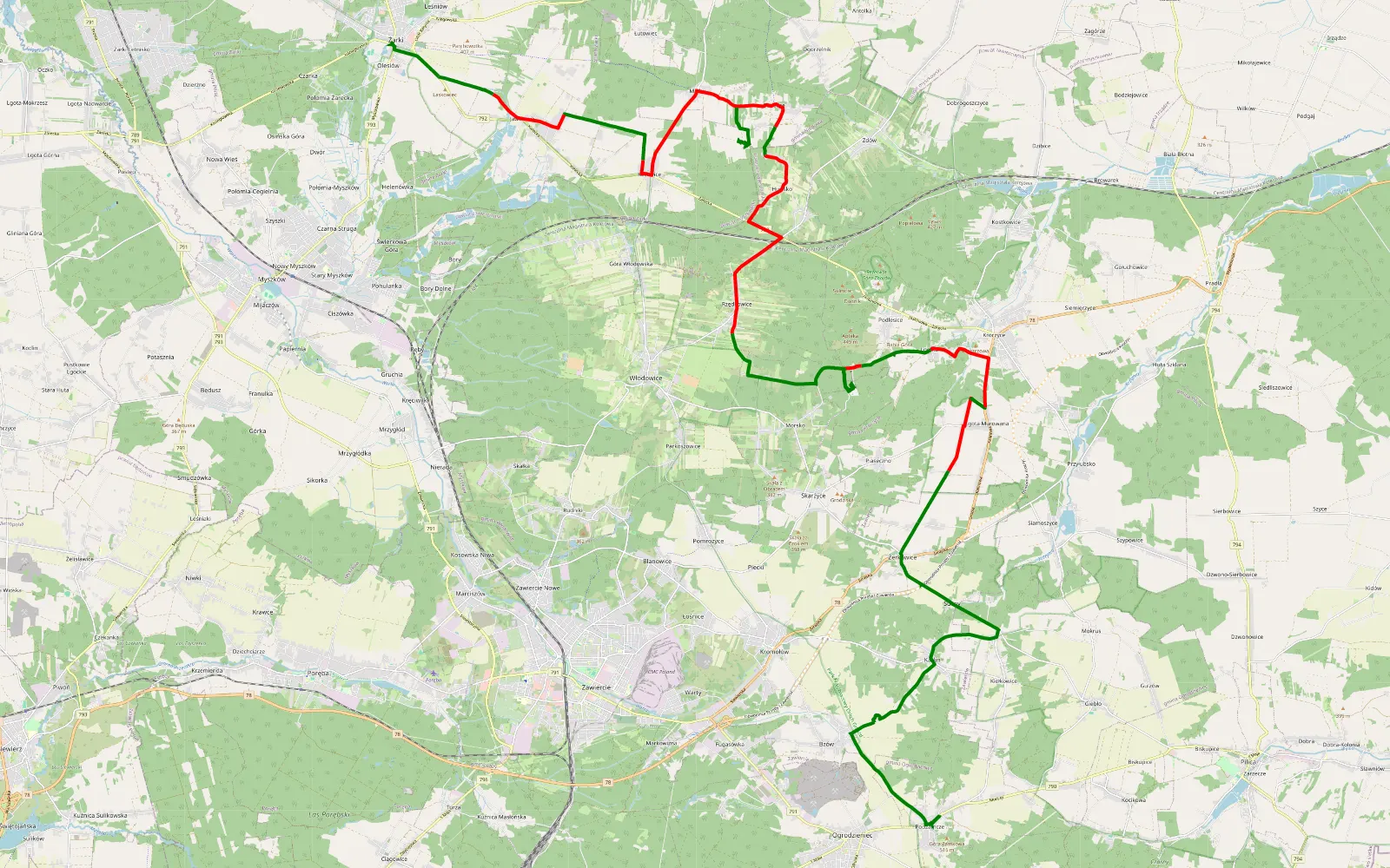 Mapa trasy Podzamcze - Żarki - 36.7 km trasy offroad, Powiat Zawierciański
