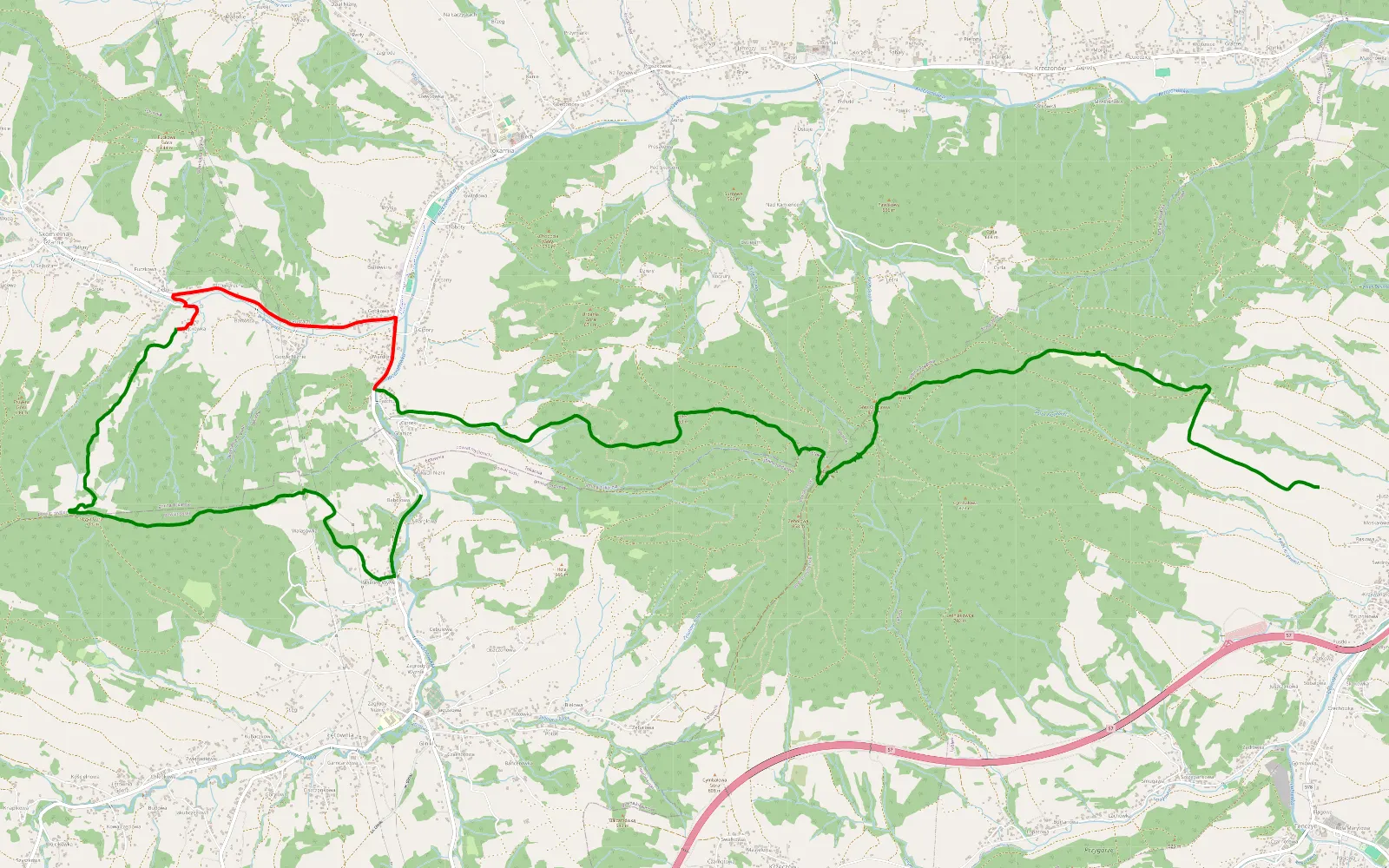 Mapa trasy Lubień - Łętownia Dolna - 16.1 km trasy offroad, Powiat Myślenicki