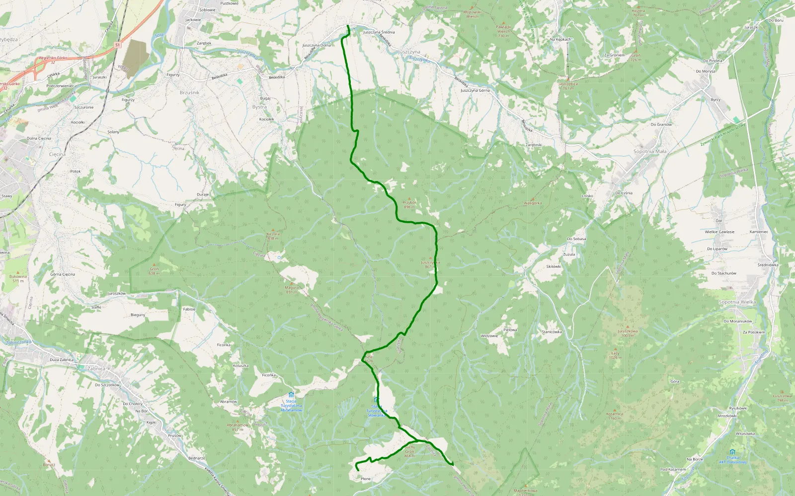 Mapa trasy Juszczyna - Górska Stacja Turystyczna Słowianka - Bednarze - 11.7 km trasy offroad, Powiat Żywiecki