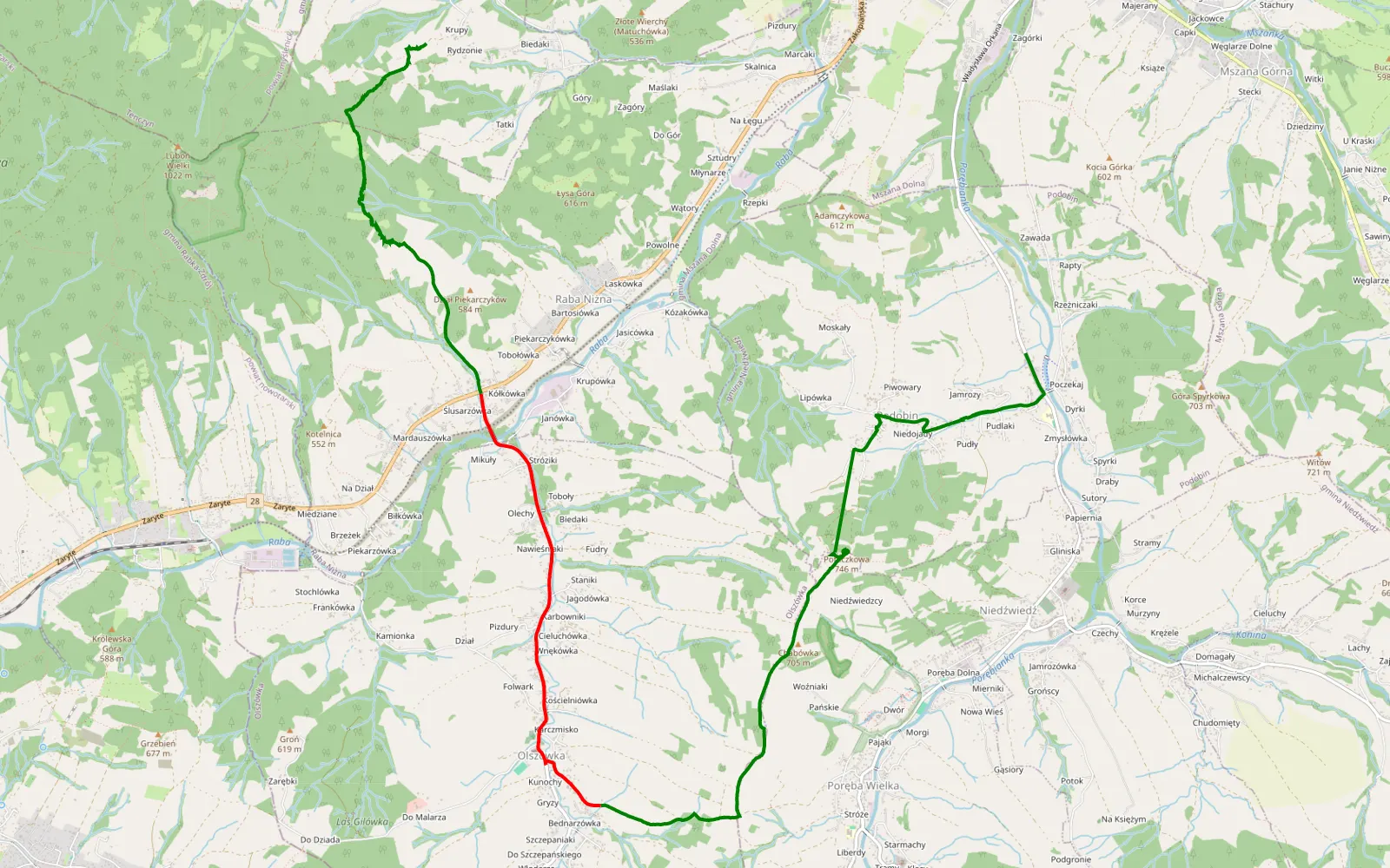 Map of Glisne - Podobin - 11.4 km offroad trail, Limanowa County