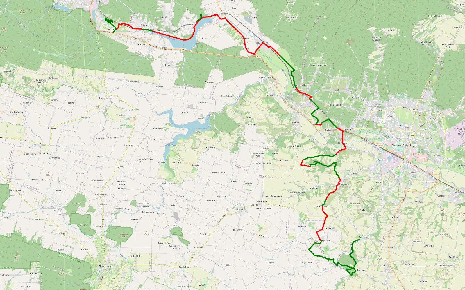 Map of Gromadzice - Michałów - 55.4 km offroad trail, Ostrowiec County