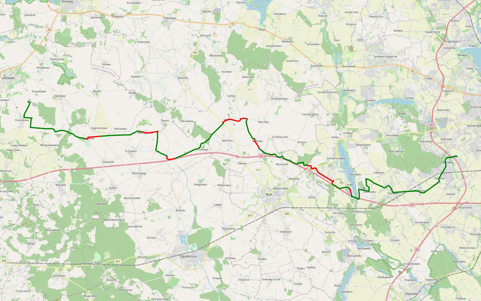 Mapa trasy Dąbrówka - Chmielinko - 46.5 km trasy offroad, Powiat Nowotomyski