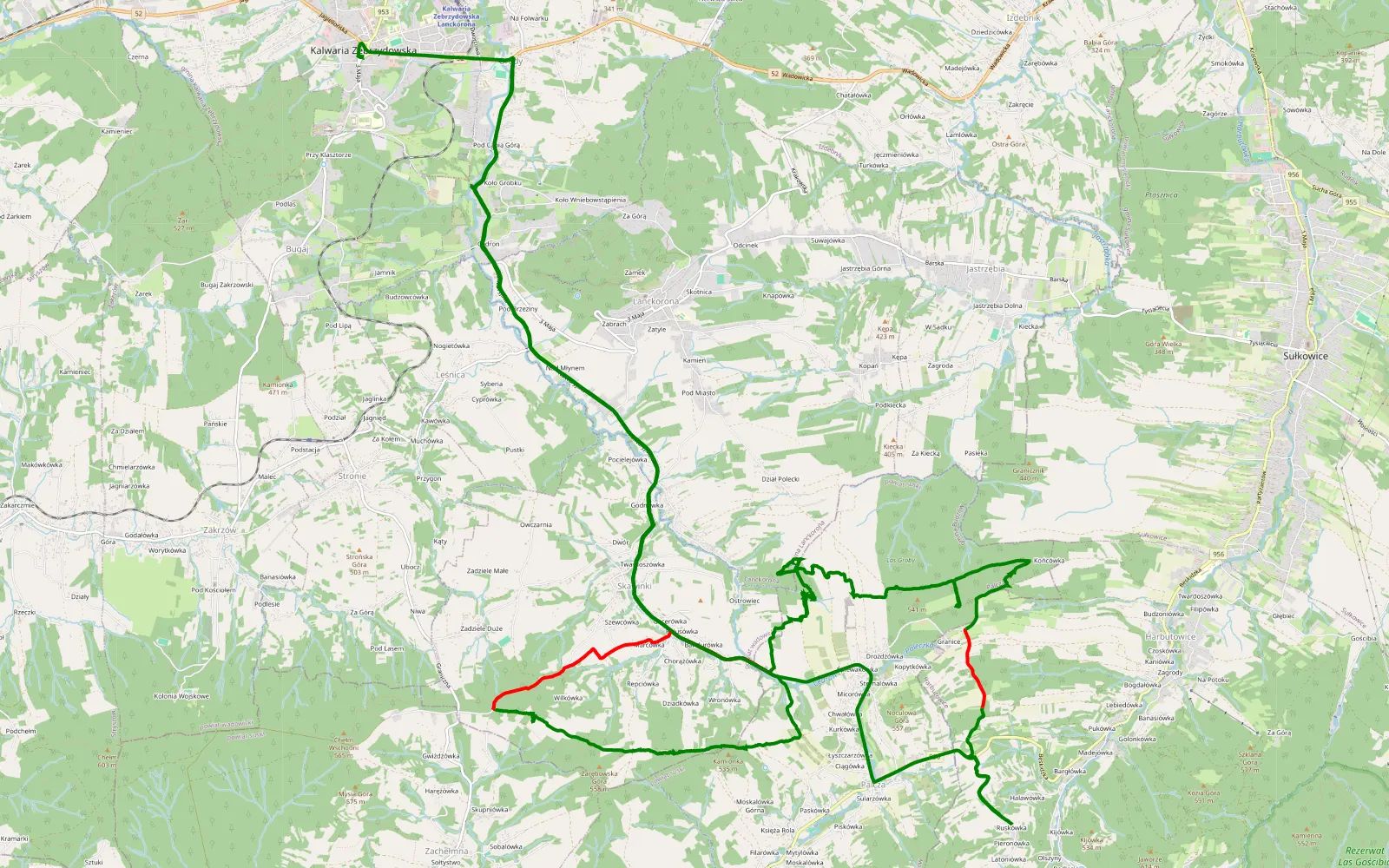 Mapa trasy Brody - Kalwaria Zebrzydowska - 16.2 km trasy offroad, Powiat Suski
