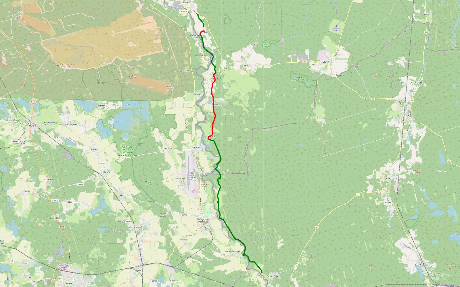 Map of Bucze - Bielawa Dolna — 20 km offroad trail, Żary County