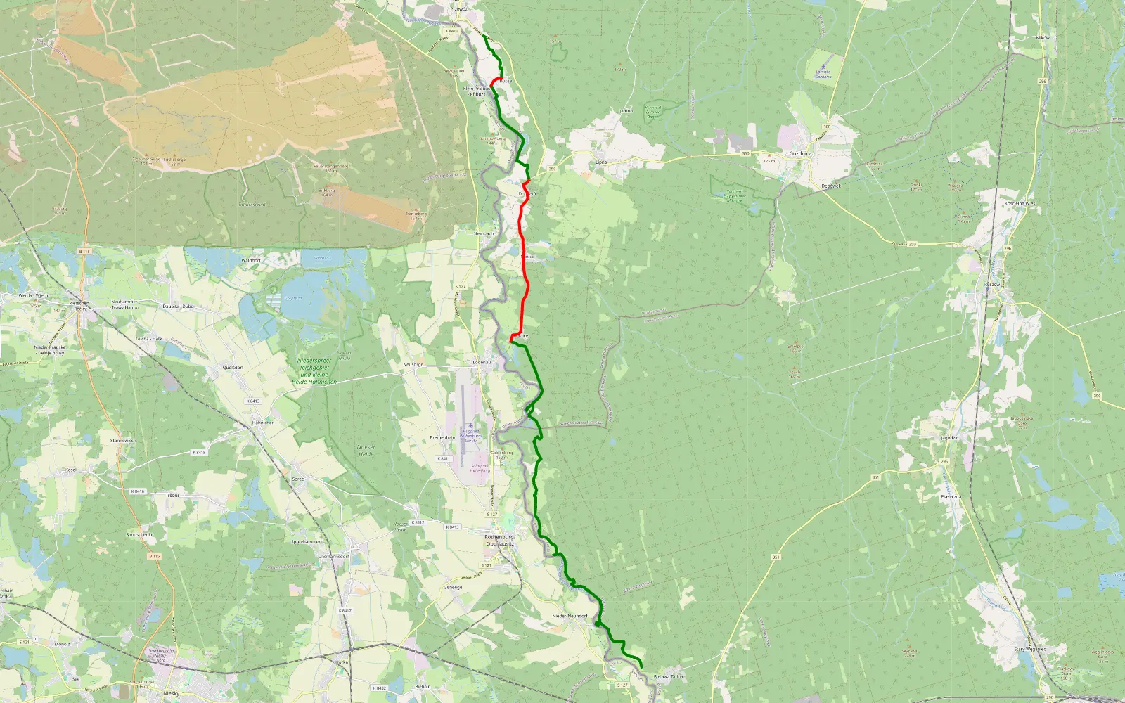 Mapa trasy Bucze - Bielawa Dolna - 26 km trasy offroad, Powiat Żarski