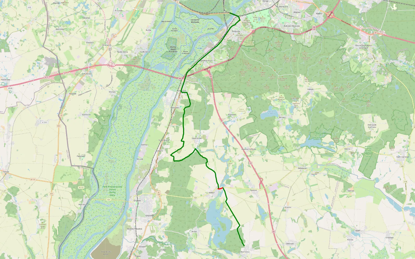 Map of Chwarstnica - Podjuchy - 17.2 km offroad trail, Gryfino County