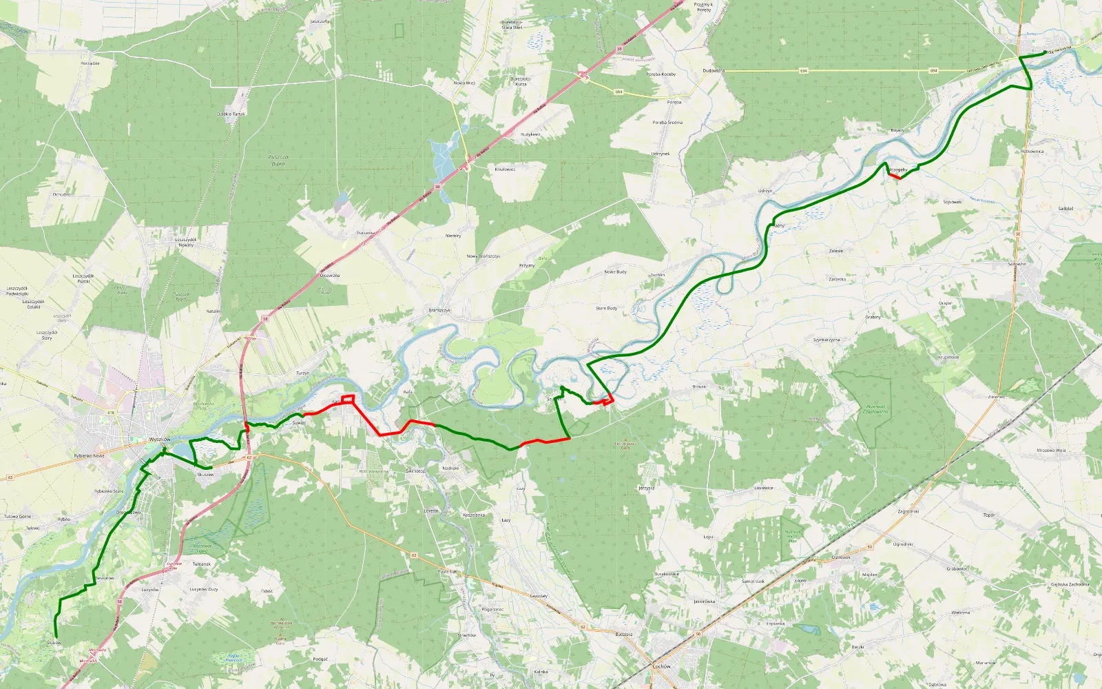 Mapa trasy Grądy - Brok - 39.5 km trasy offroad, Powiat Węgrowski