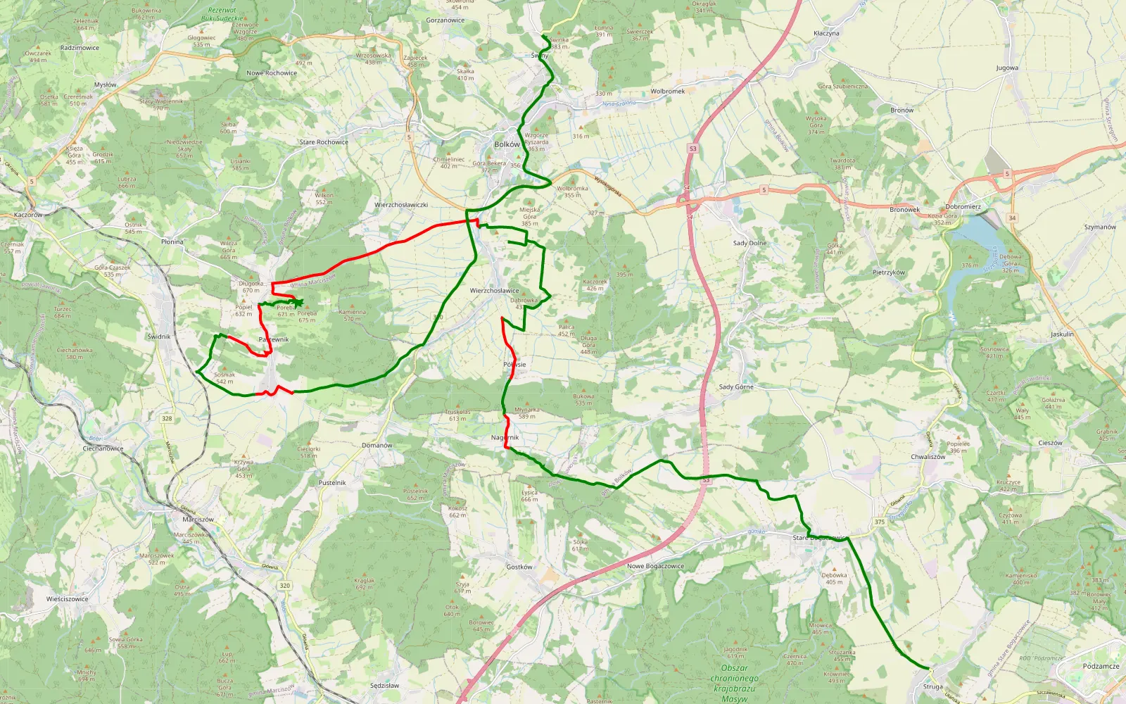 Mapa trasy Struga - Świny - 31.4 km trasy offroad, Powiat Kamiennogórski