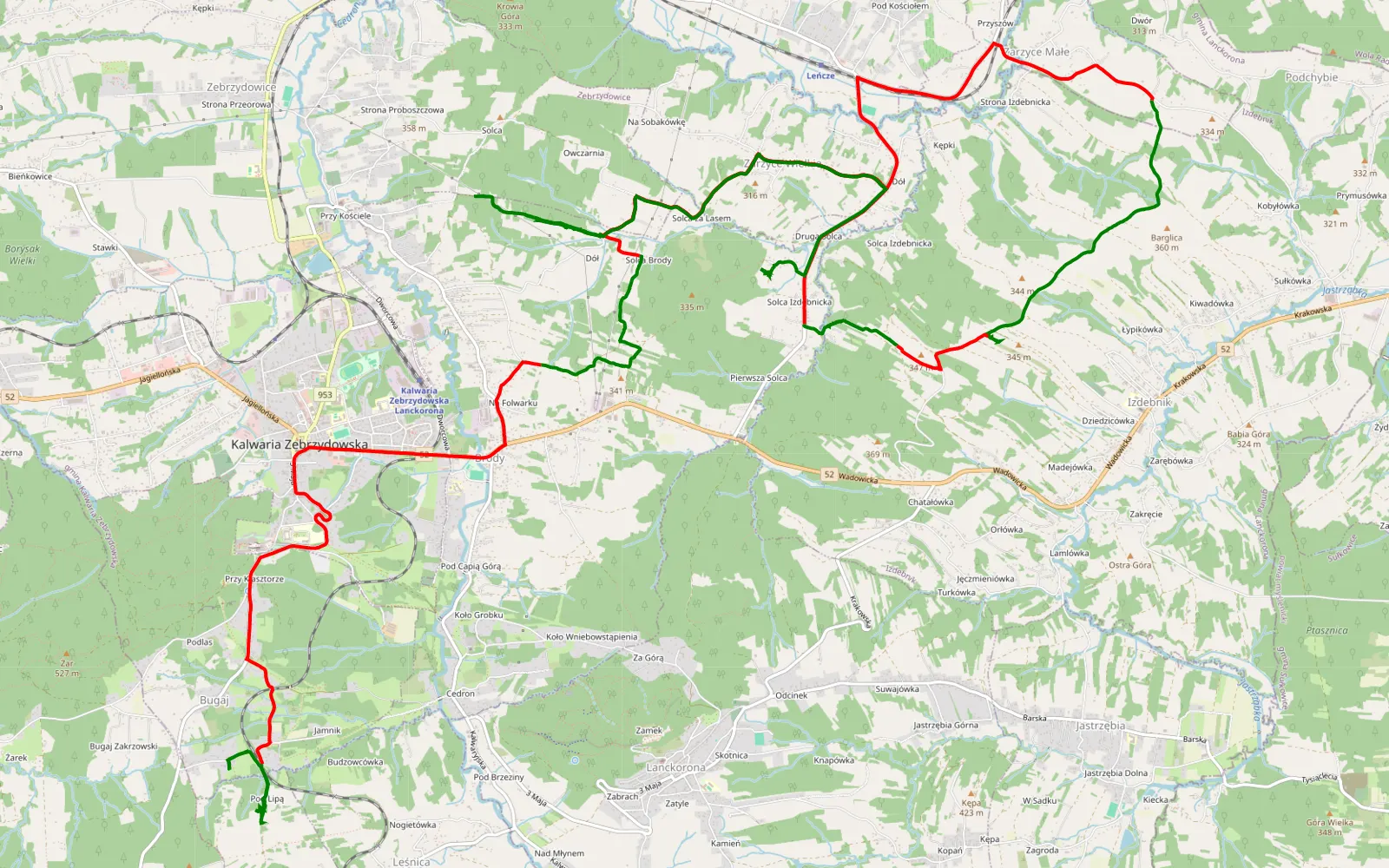 Mapa trasy Lokalne drogi - 26.9 km trasy offroad, Powiat Wadowicki