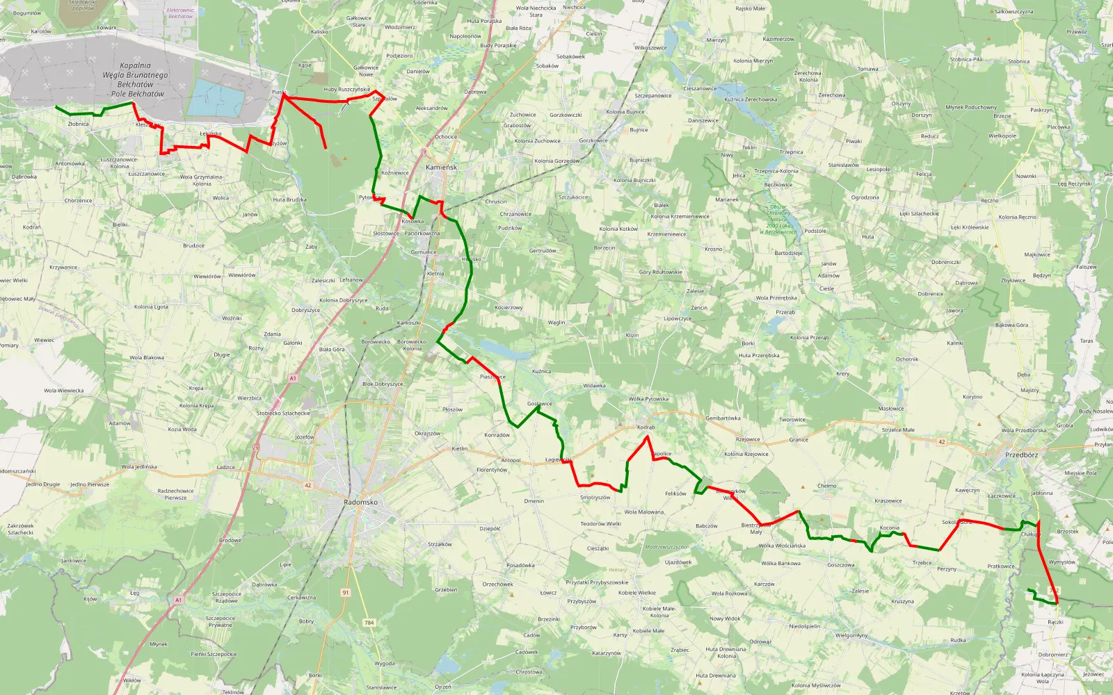 Mapa trasy TrampK4offRoad93km. - 90.7 km trasy offroad, Powiat Radomszczański