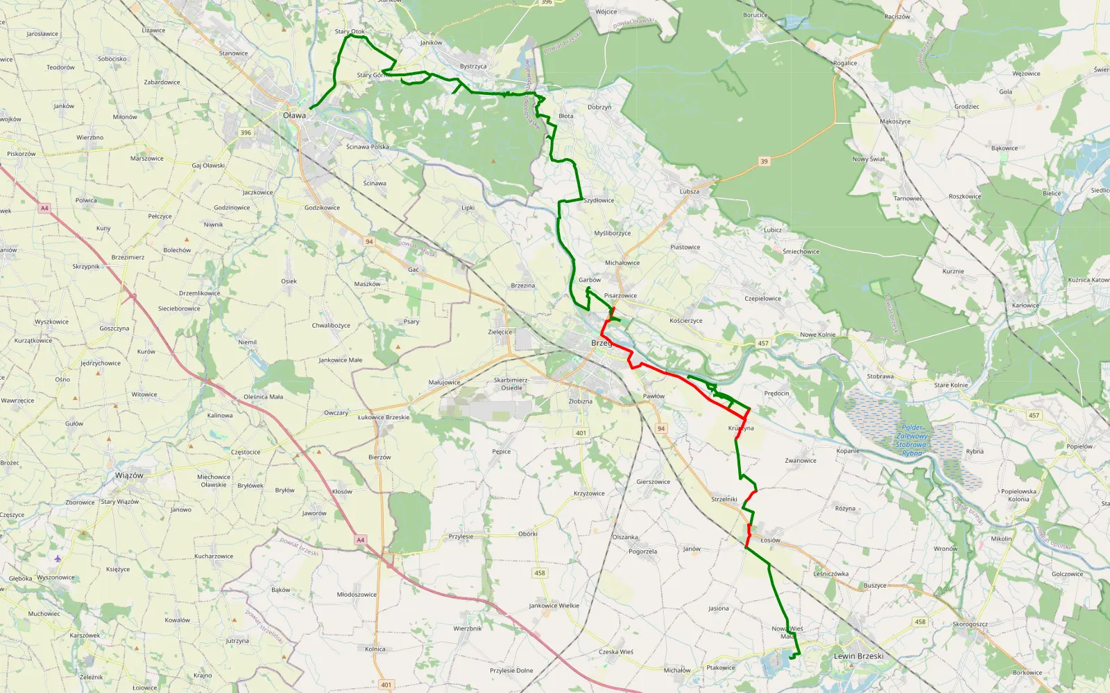 Map of Kantorowice - Oława - 59.6 km offroad trail, Brzeg County
