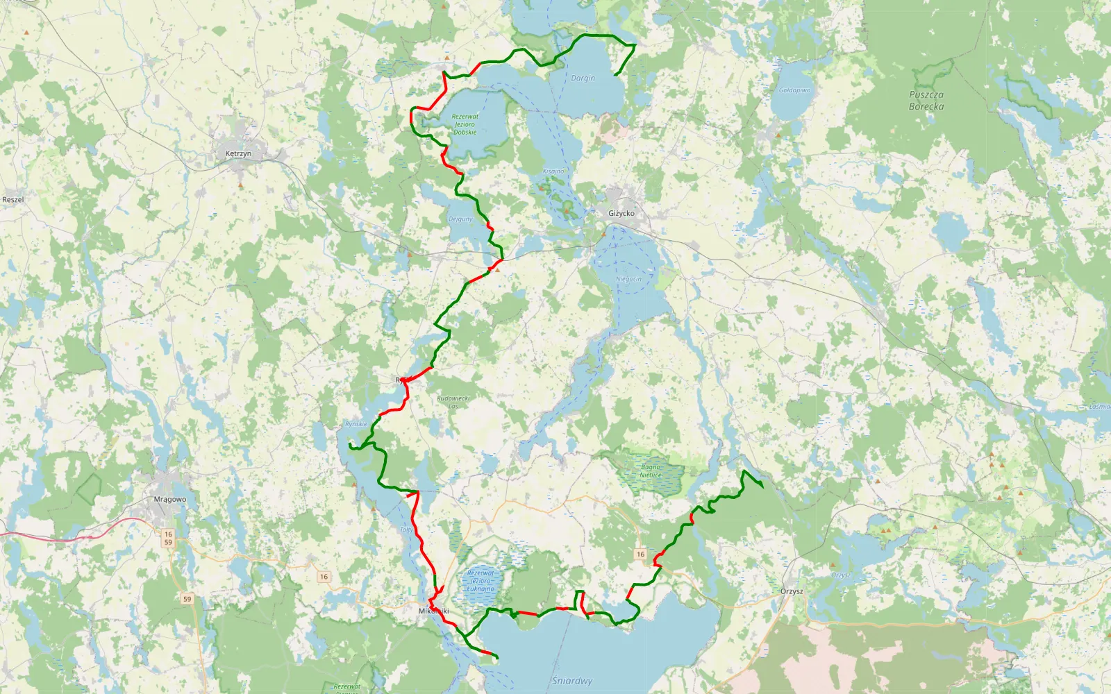 Mapa trasy Mazury 30.05.2026 - 113.7 km trasy offroad, Powiat Giżycki