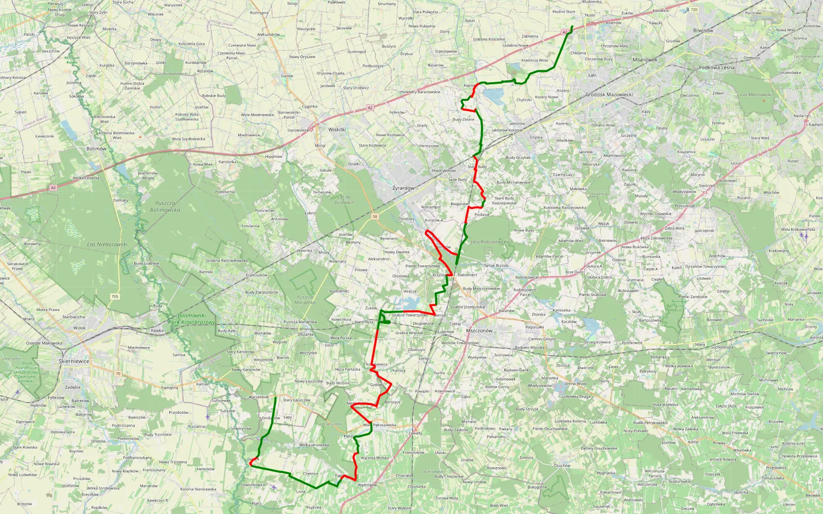 Map of Stare Kłudno - Wycześniak - 60.2 km offroad trail, Żyrardów County