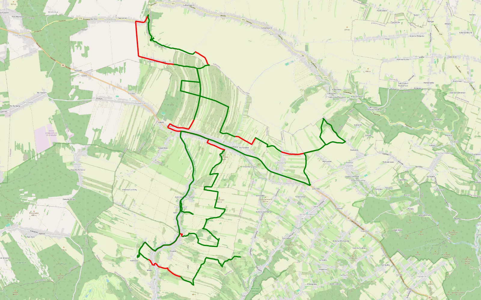 Mapa trasy Łazy - Racławice - 39.4 km trasy offroad, Powiat Krakowski