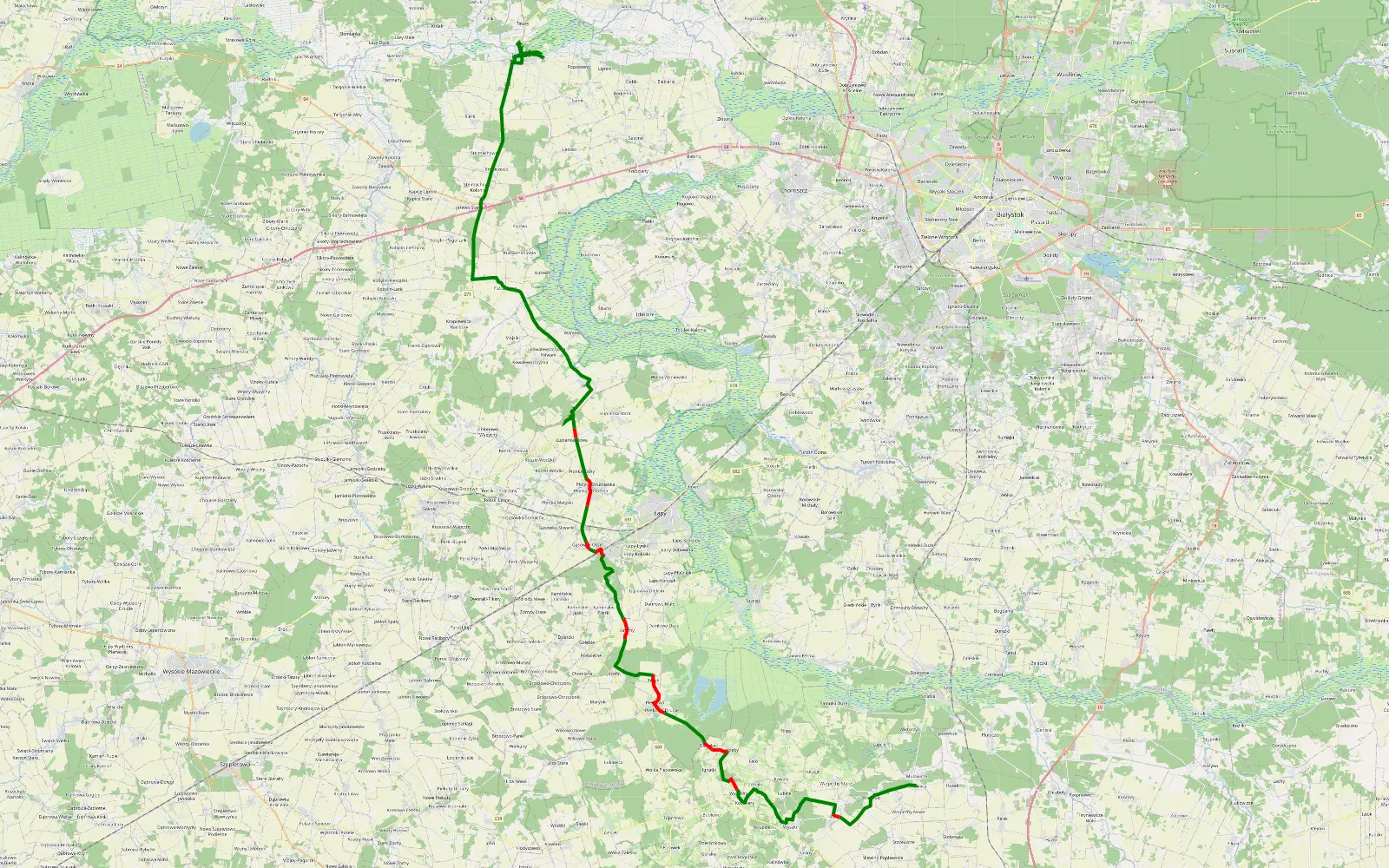 Map of Olszanica - Tykocin - 44.3 km offroad trail, Białystok County
