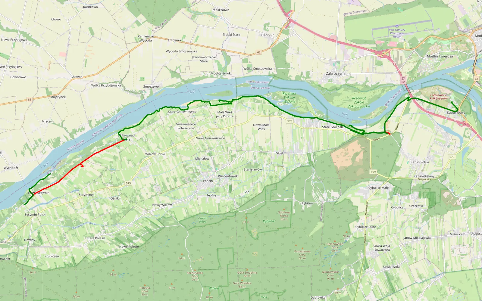 Mapa trasy Kazuń Nowy - Nowy Secymin - 27.4 km trasy offroad, Powiat Nowodworski