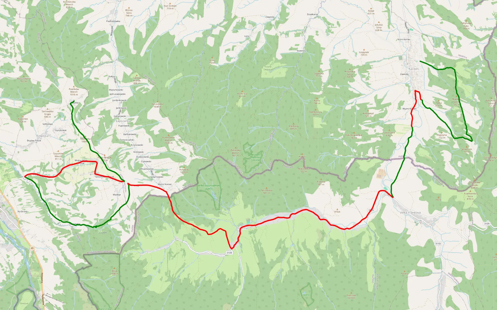 Mapa trasy Pawliki - Kacwin - 28.2 km trasy offroad, Powiat Nowotarski