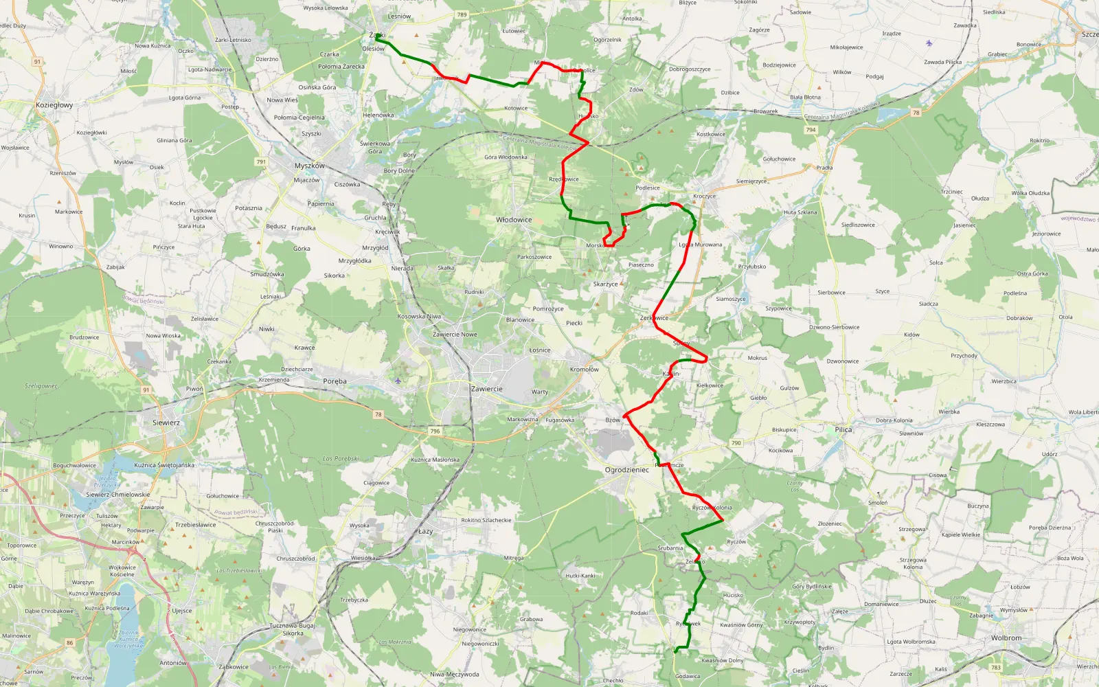 Map of Żarki - Ryczówek - 52.7 km offroad trail, Zawiercie County