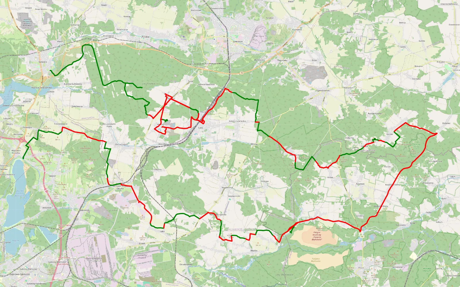 Mapa trasy 7.06 poprawione - 116.5 km trasy offroad, Powiat Zawierciański