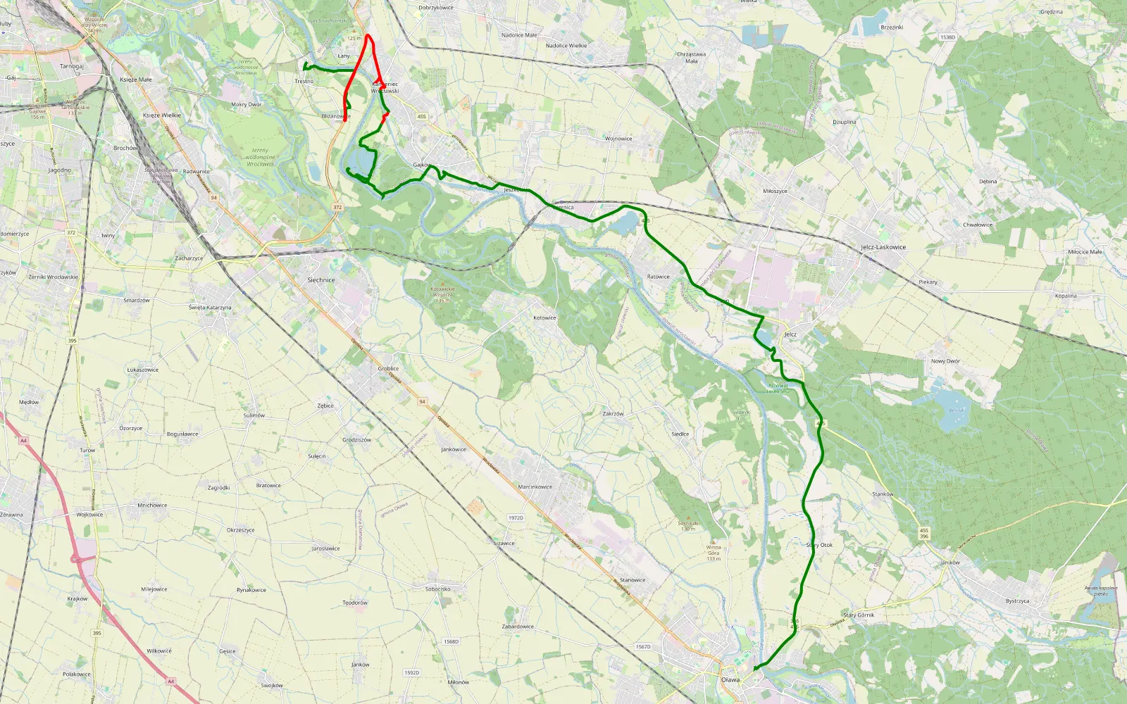 Mapa trasy Trestno - Oława - 13.3 km trasy offroad, Powiat Wrocławski
