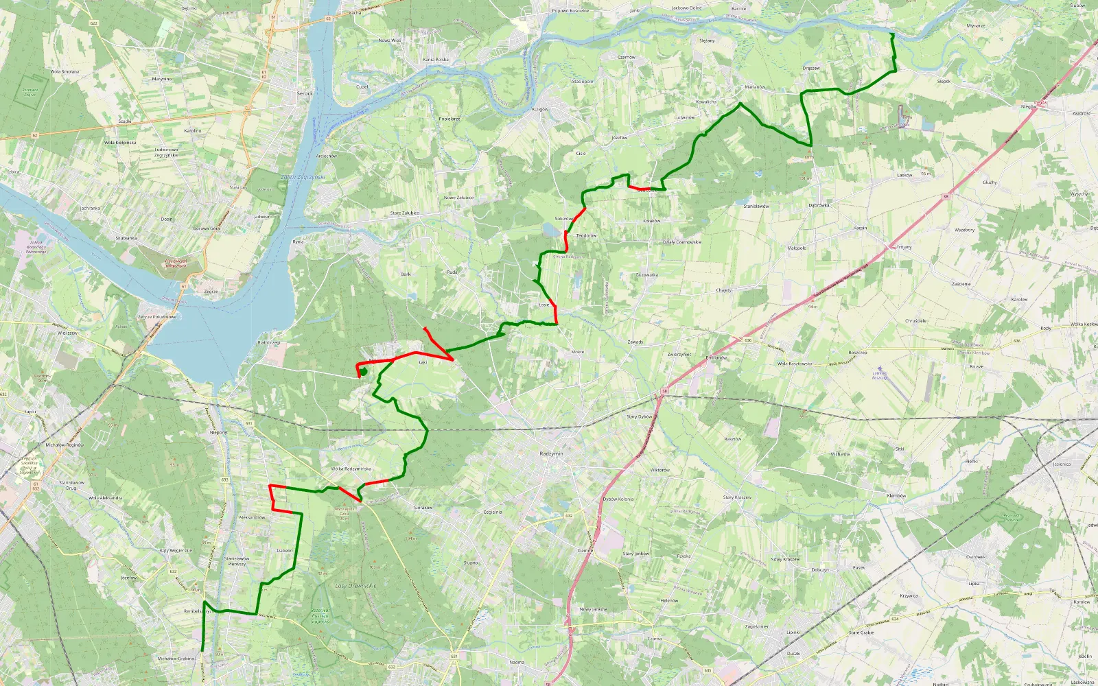 Mapa trasy Michałów Grabina - Osiny - 43 km trasy offroad, Powiat Wołomiński