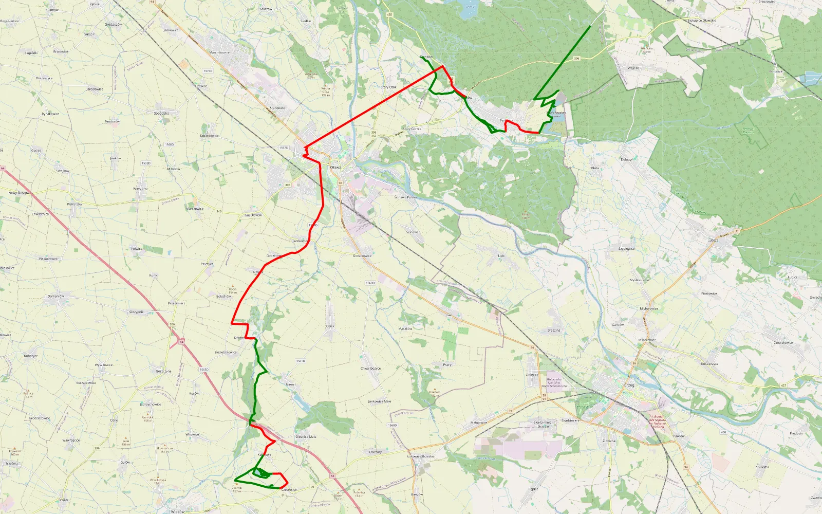 Map of Kurzawa - Kalinowa - 53.6 km offroad trail, Oława County
