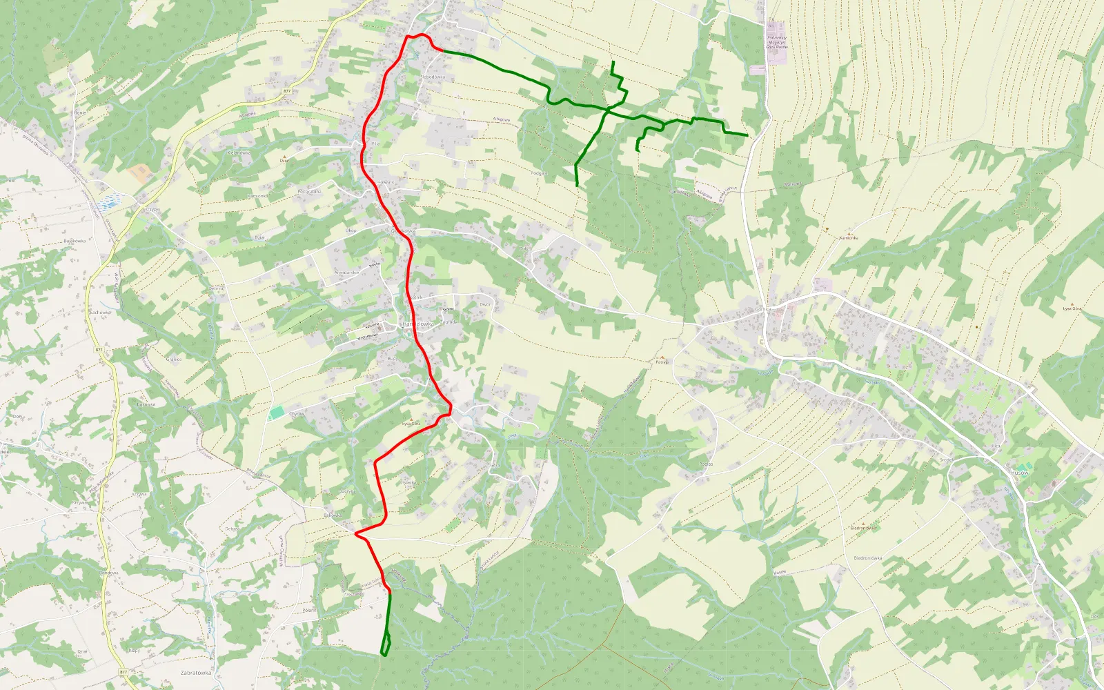 Mapa trasy Zabratówka - Handzlówka - 12.8 km trasy offroad, Powiat Łańcucki
