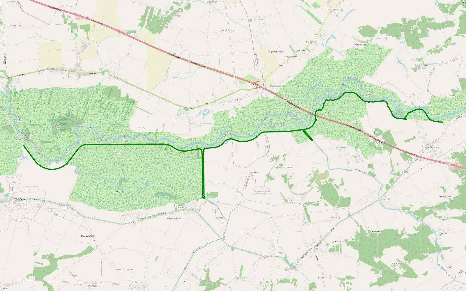 Mapa trasy Osiecza Pierwsza - Zagórów - 22 km trasy offroad, Powiat Słupecki