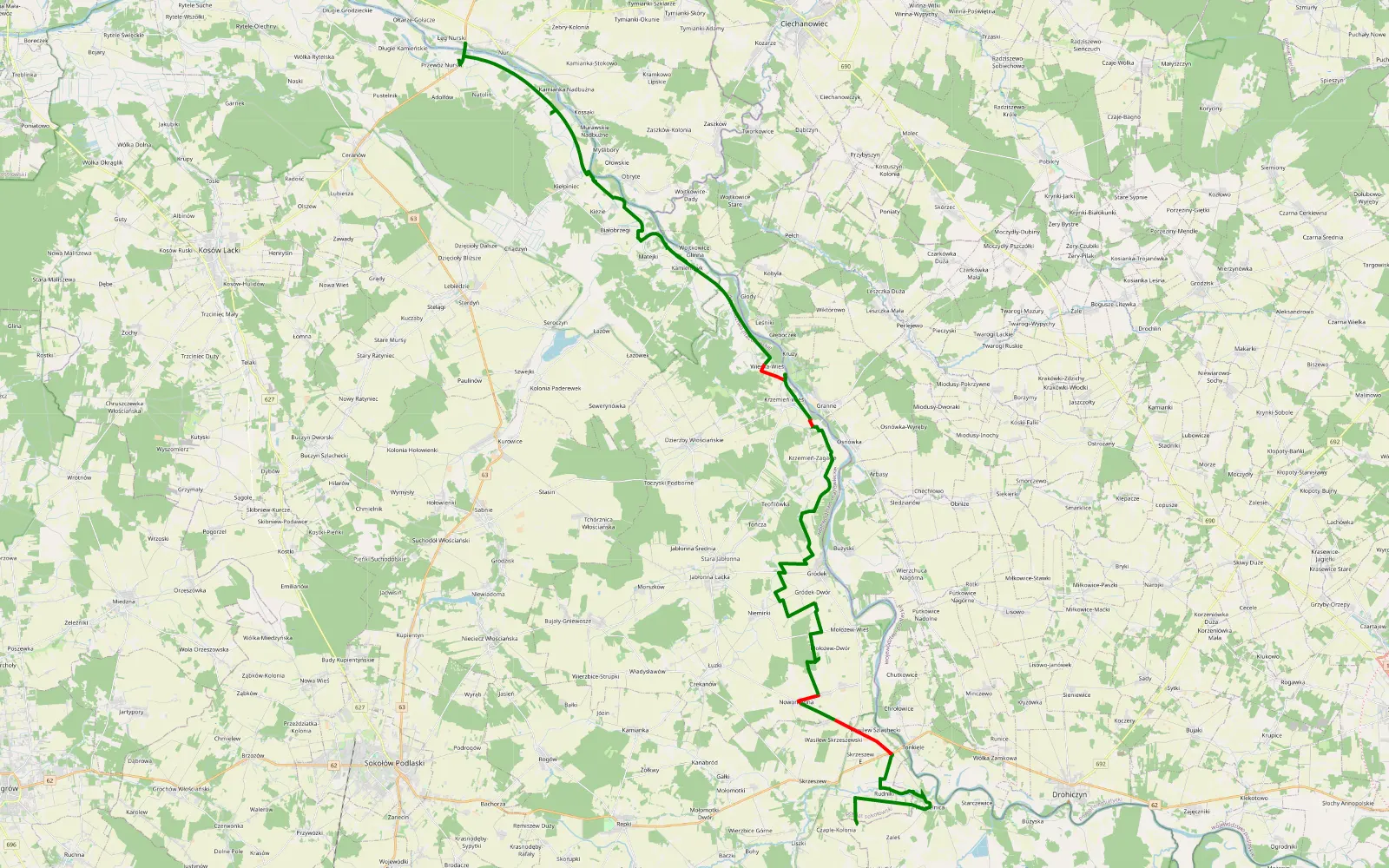 Mapa trasy Czaple Kolonia - Adolfów - 52.4 km trasy offroad, Powiat Sokołowski