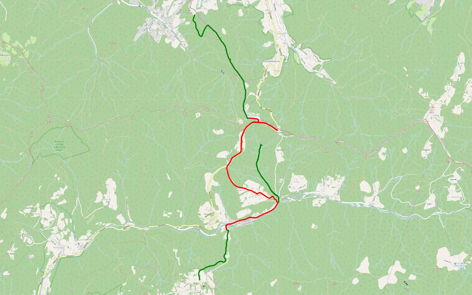 Mapa trasy Wielka Puszcza - Góra Kaprówka - Łysina - 13.3 km trasy offroad, Powiat Żywiecki