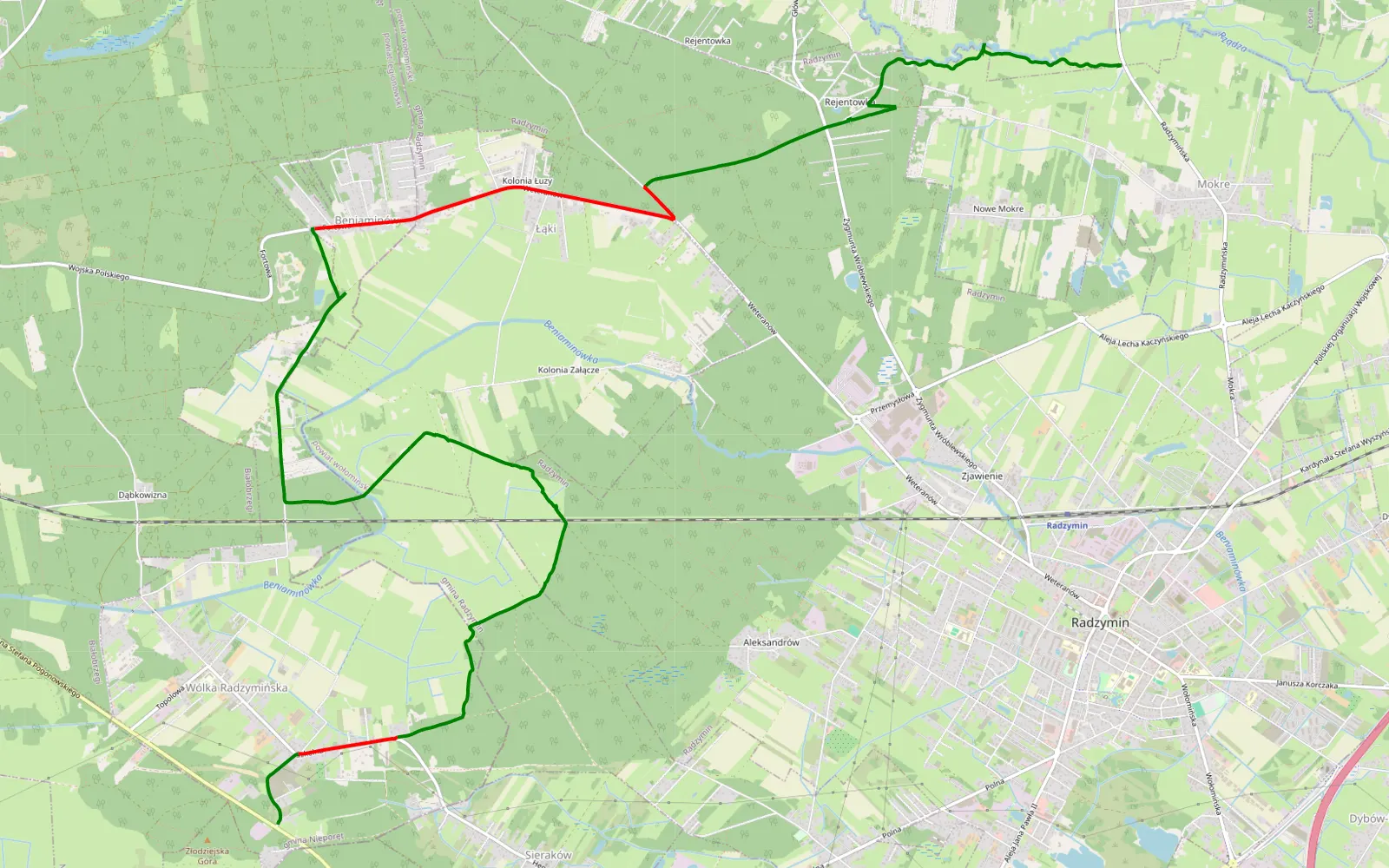 Mapa trasy Wólka Radzymińska - Mokre Stare - 15.5 km trasy offroad, Powiat Wołomiński
