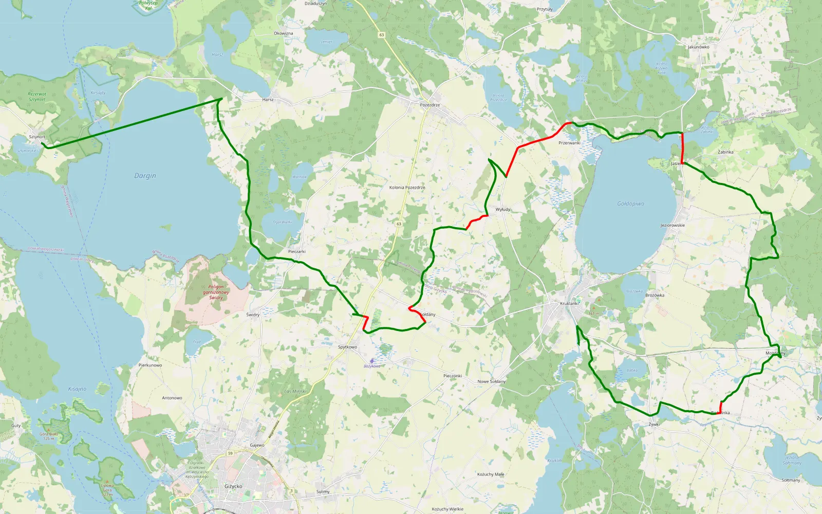Mapa trasy Sztynort - Kruklanki - 41.8 km trasy offroad, Powiat Giżycki