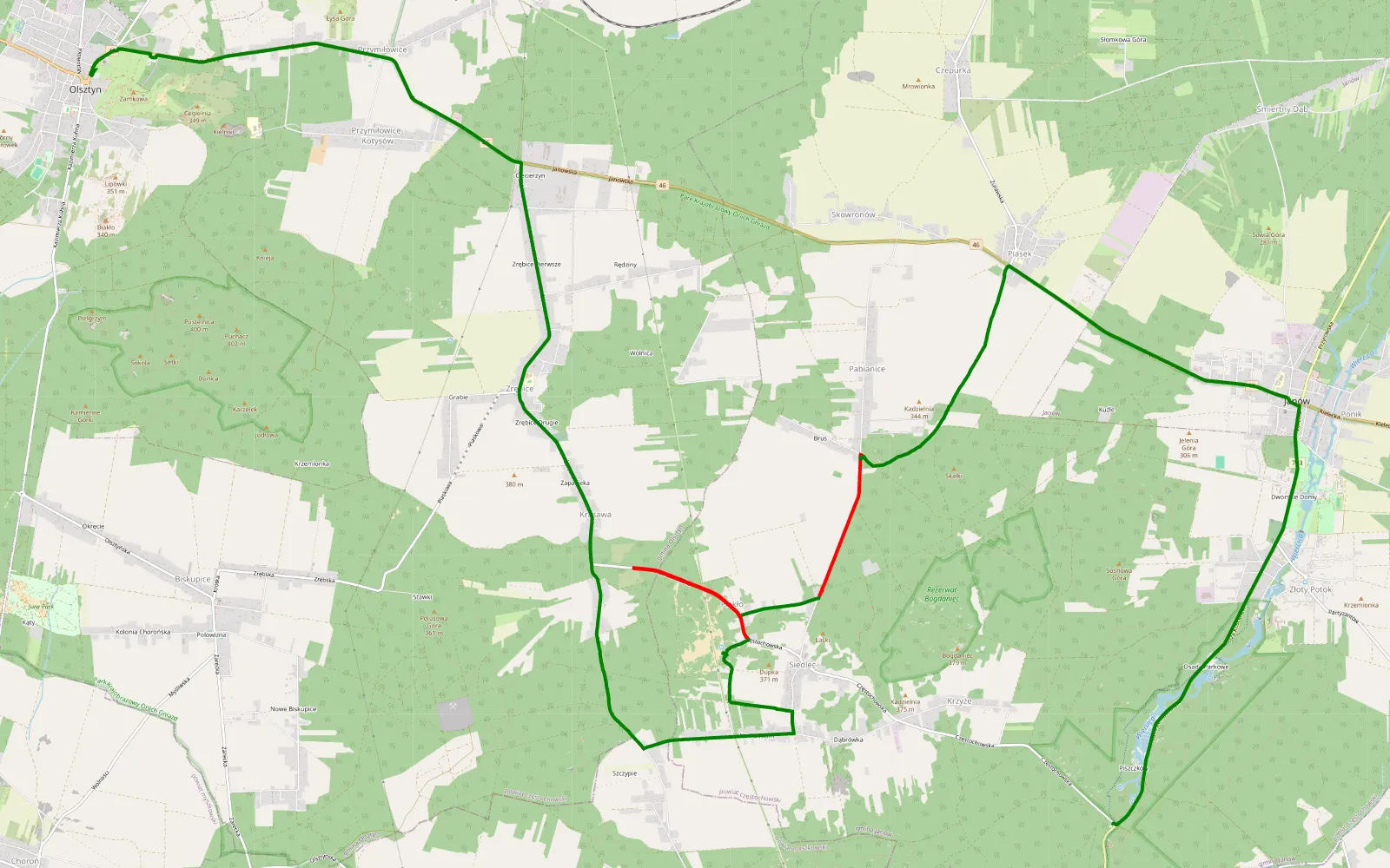 Mapa trasy Złoty potok - 9 km trasy offroad, Powiat Częstochowski