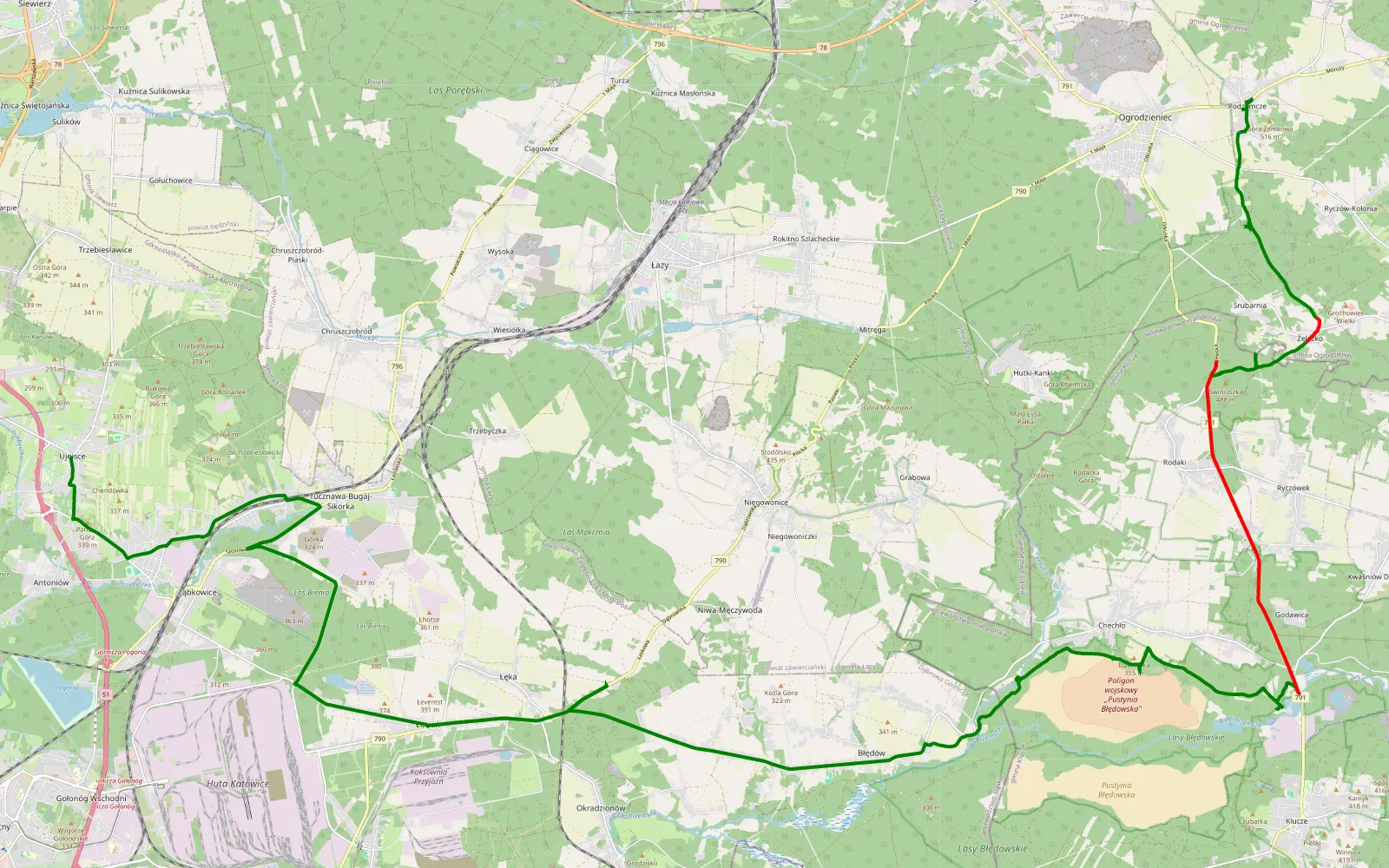 Mapa trasy Ujejsce - Podzamcze - 23.2 km trasy offroad, Powiat Olkuski