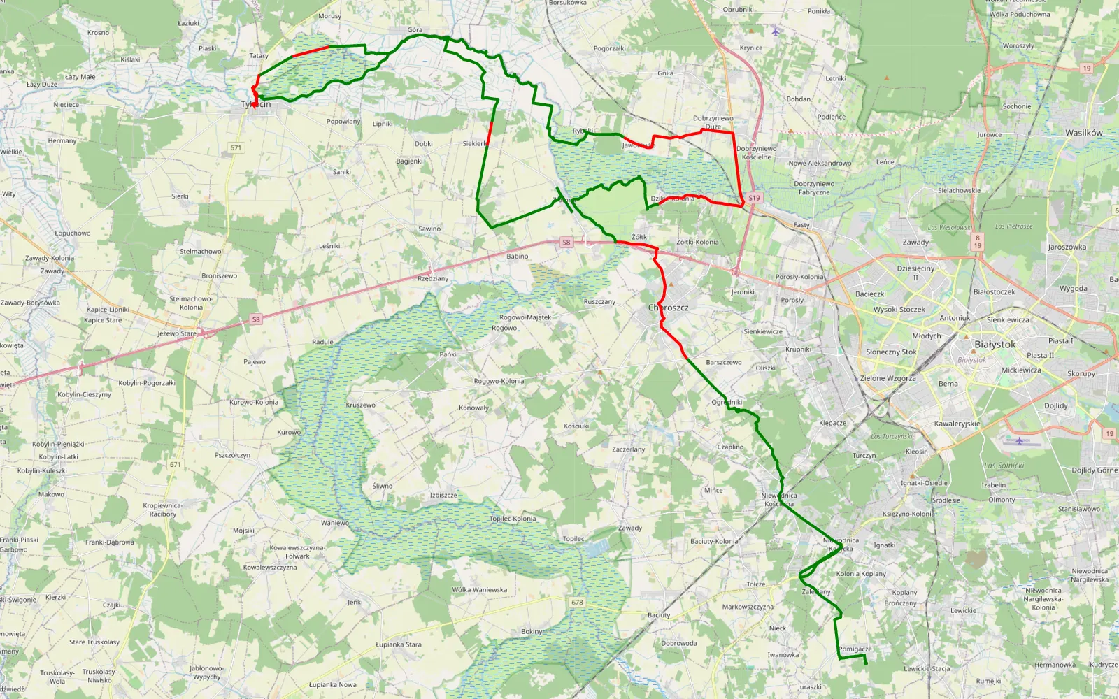 Mapa trasy Pomygacze - Złotoria - 69.4 km trasy offroad, Powiat Białostocki