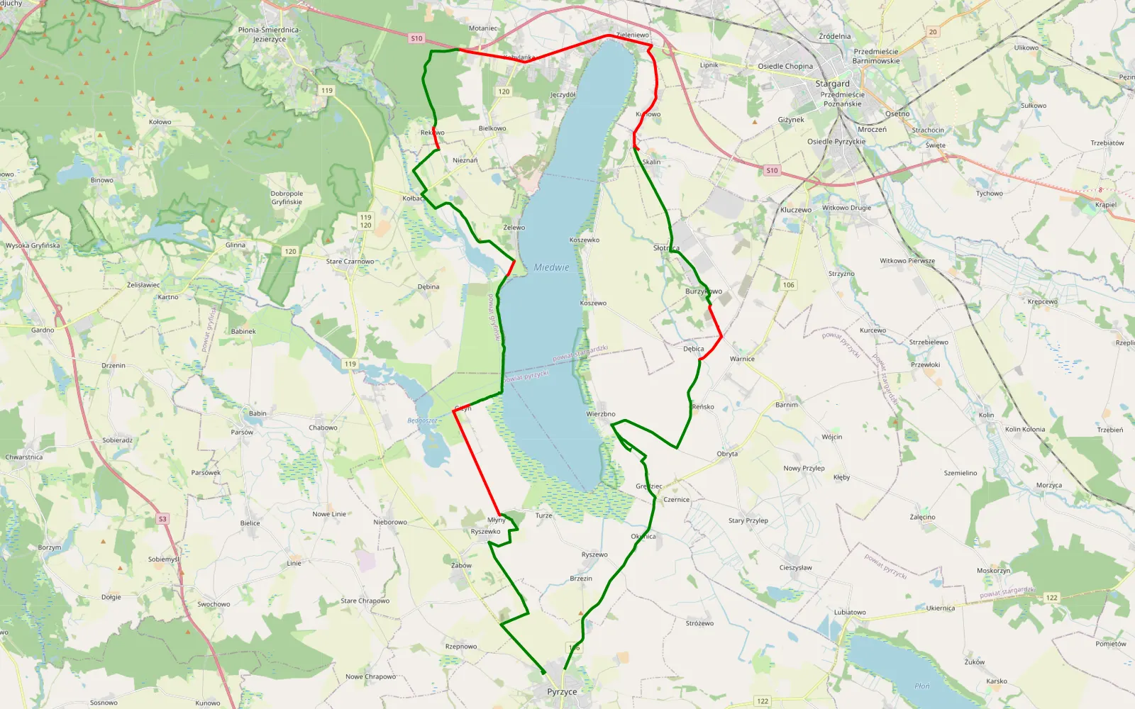 Map of Do okola Miedwie - 52.2 km offroad trail, Stargard County