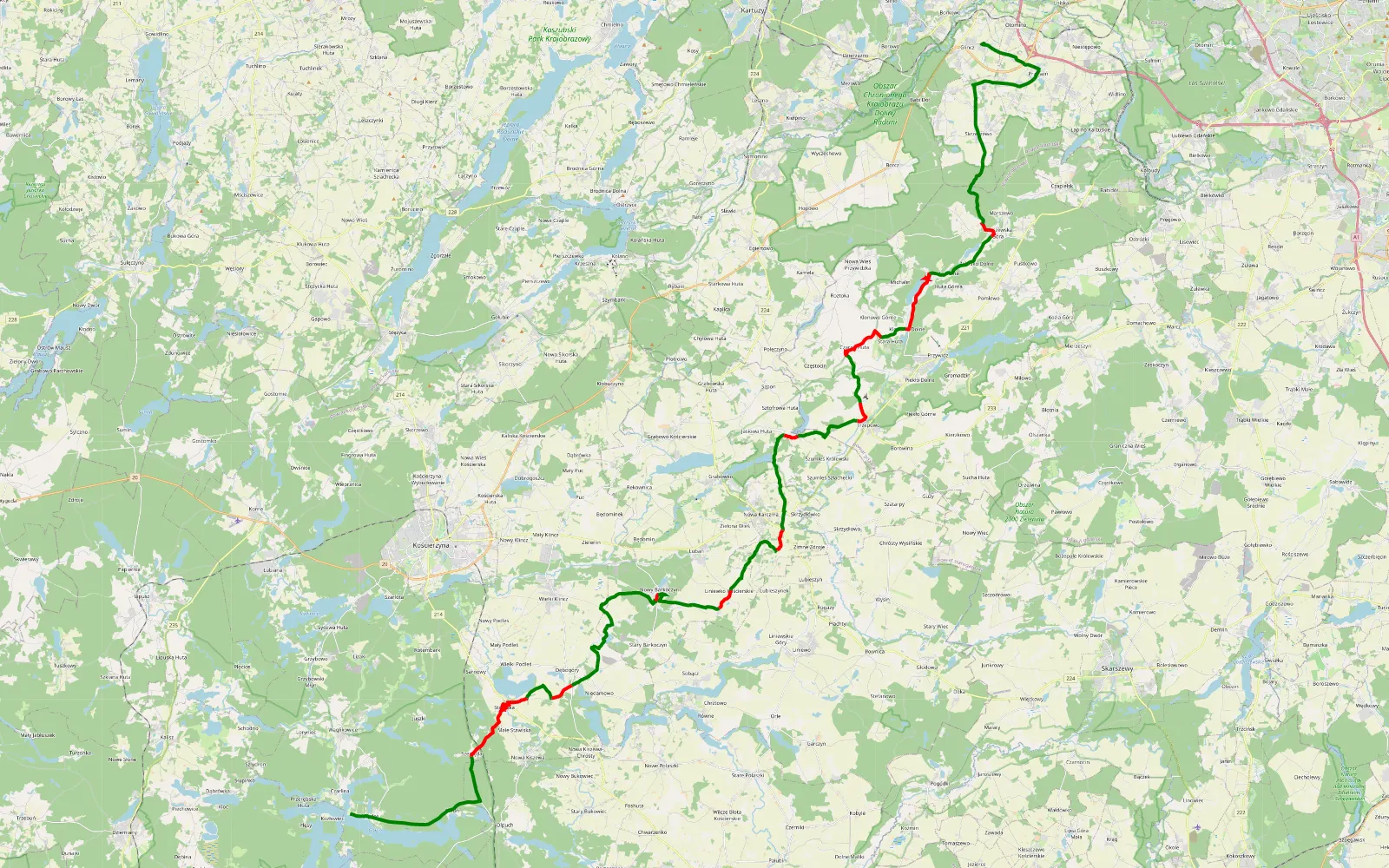 Map of Wdzydze Kiszewskie - Glińcz - 54.7 km offroad trail, Kościerzyna County