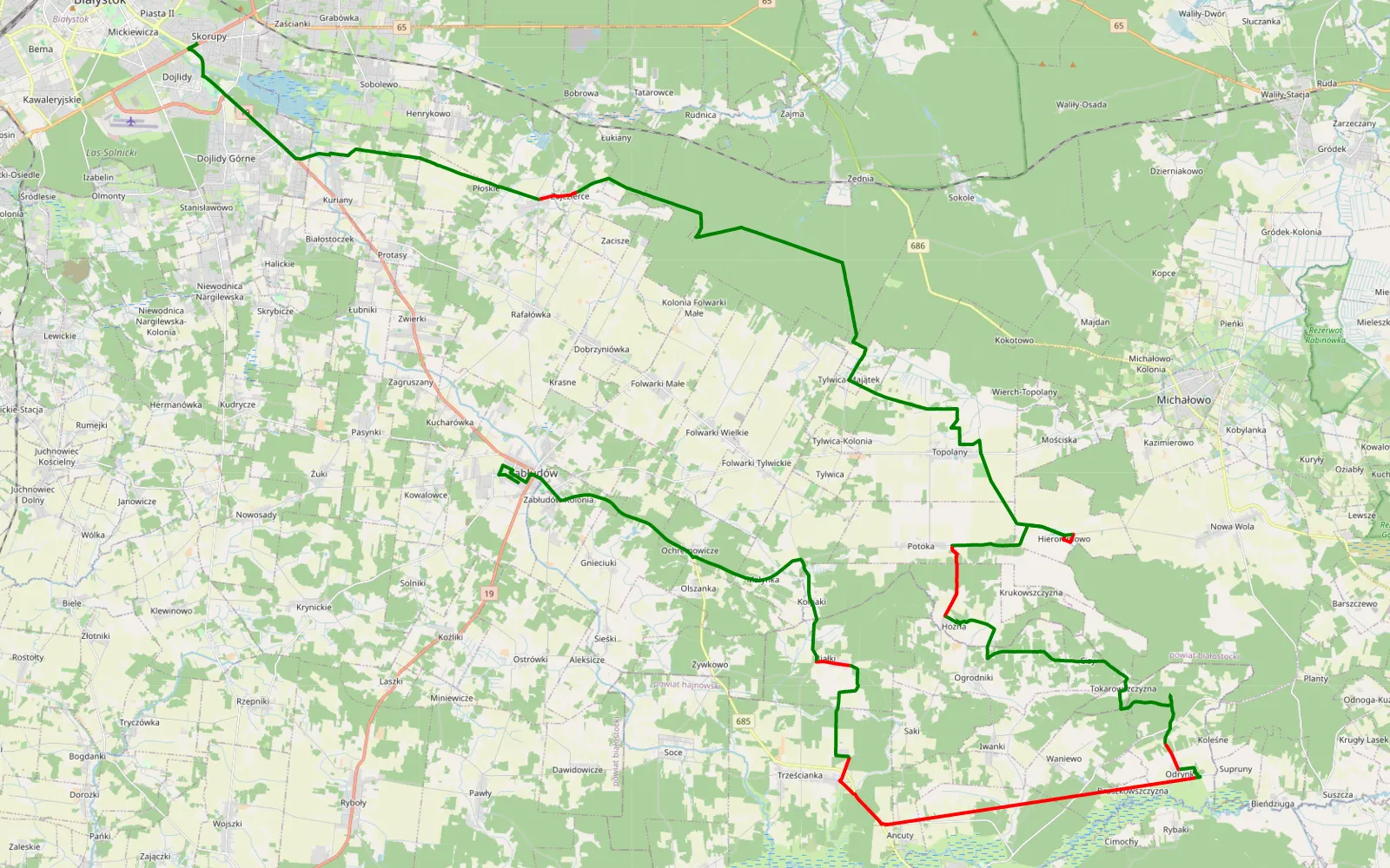 Map of Skorupy - Zabłudów - 69.8 km offroad trail, Białystok County