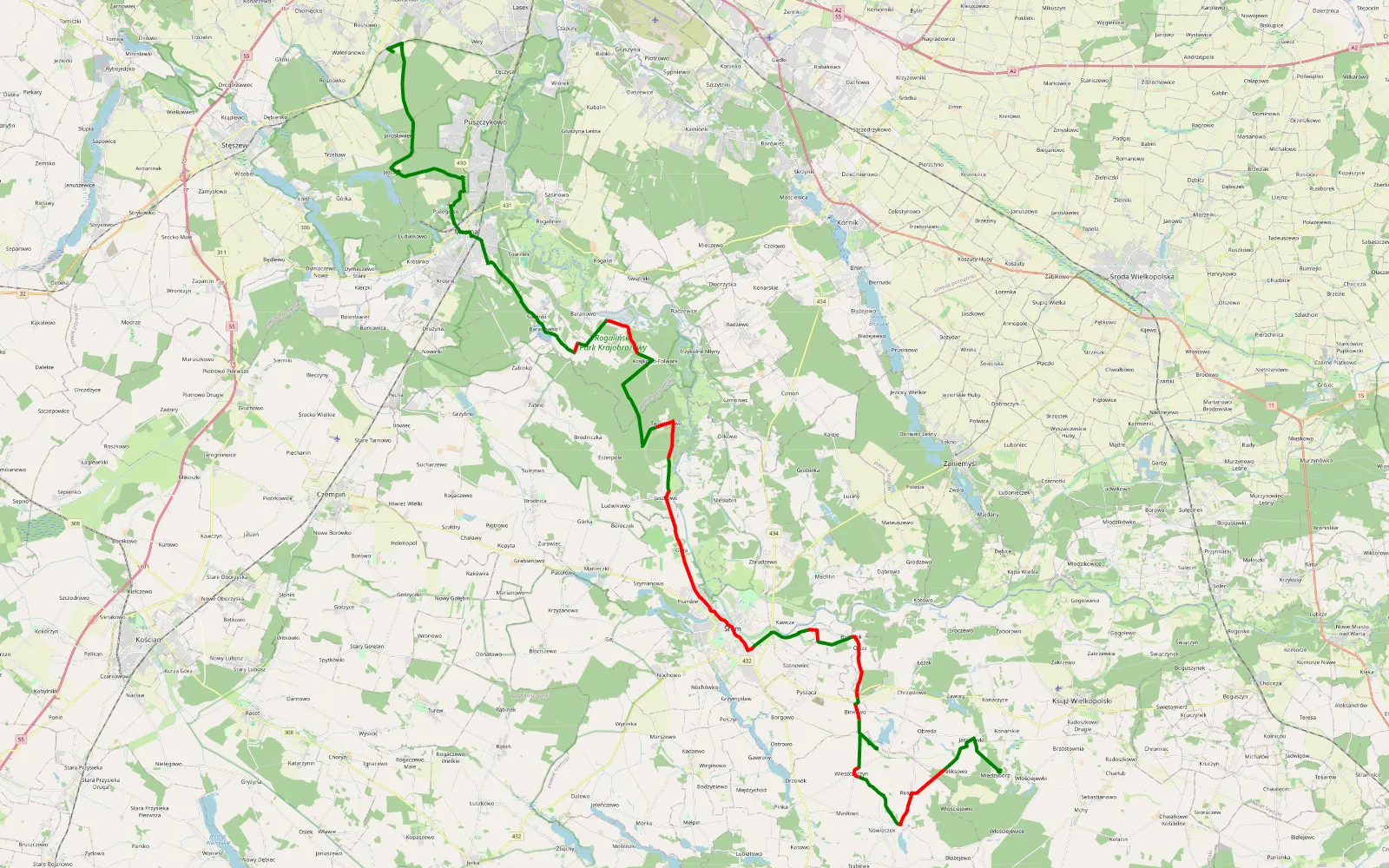 Mapa trasy Szreniawa - Włościejewki - 53.5 km trasy offroad, Powiat Śremski