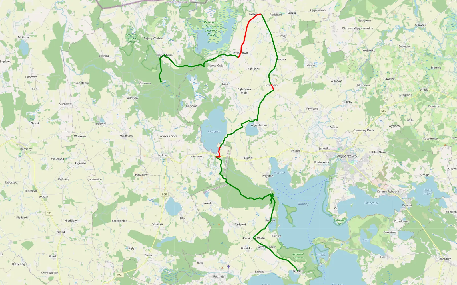 Mapa trasy TORF trasa nr 3 - 32.3 km trasy offroad, Powiat Węgorzewski