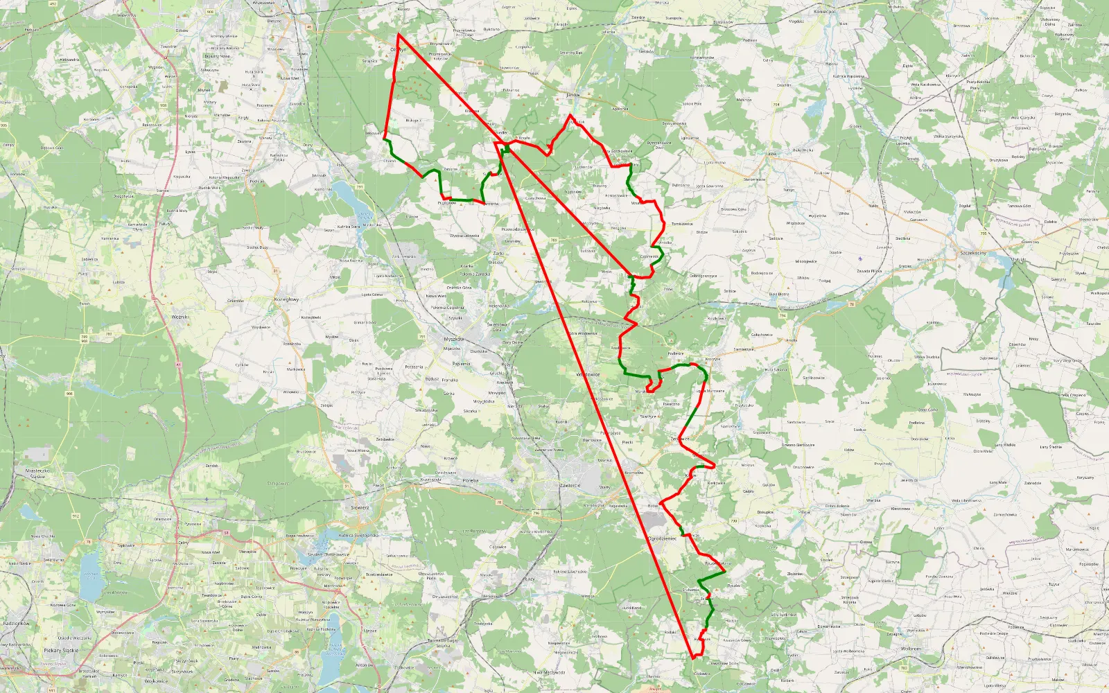 Mapa trasy Olsztyn - Kucelin połączenie trasa do zeobienai - 157.8 km trasy offroad, Powiat Myszkowski