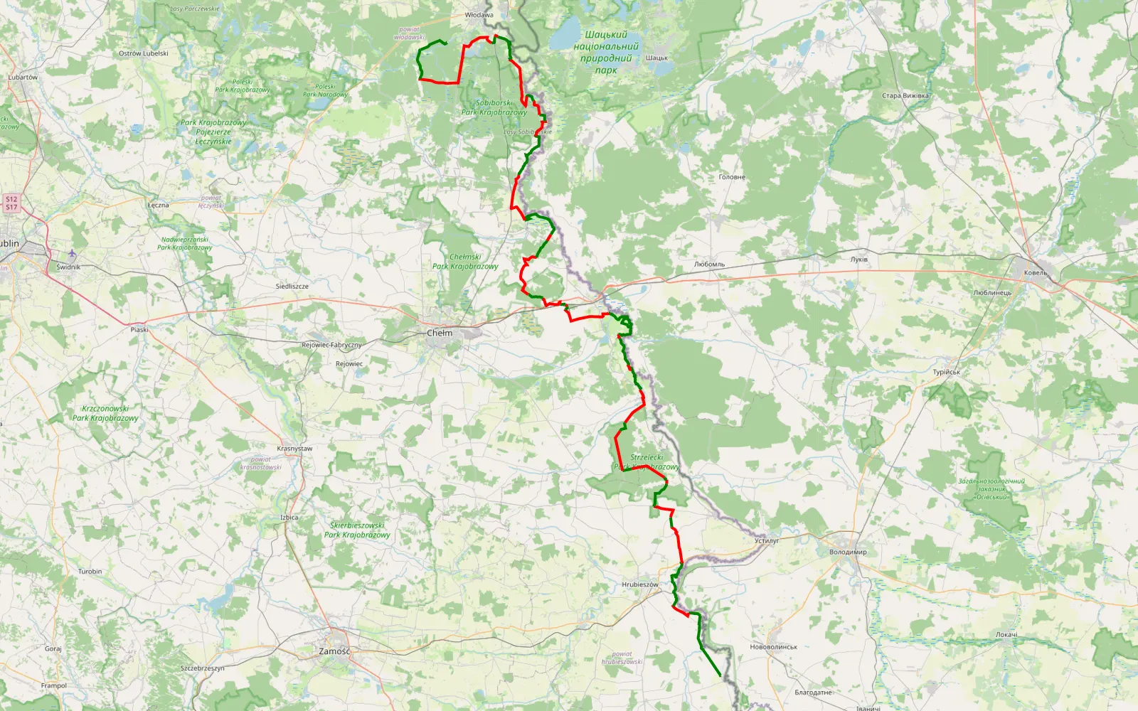 Mapa trasy kryłów-Włodawa - 171.3 km trasy offroad, Powiat Chełmski