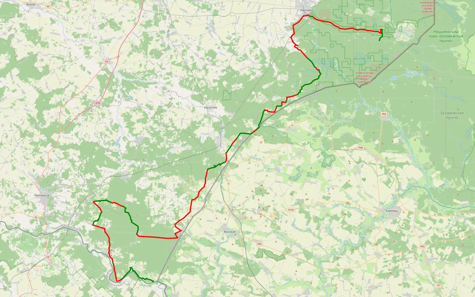 Map of Trasa z 52.282402N, 23.167033E do Droga Sinicka (Dojazd pożarowy 27) - 133.3 km offroad trail, Hajnówka County