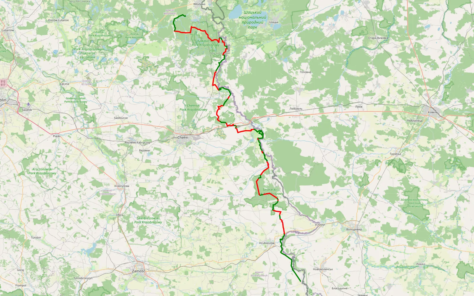 Mapa trasy kryłów-Włodawa - 156.2 km trasy offroad, Powiat Chełmski