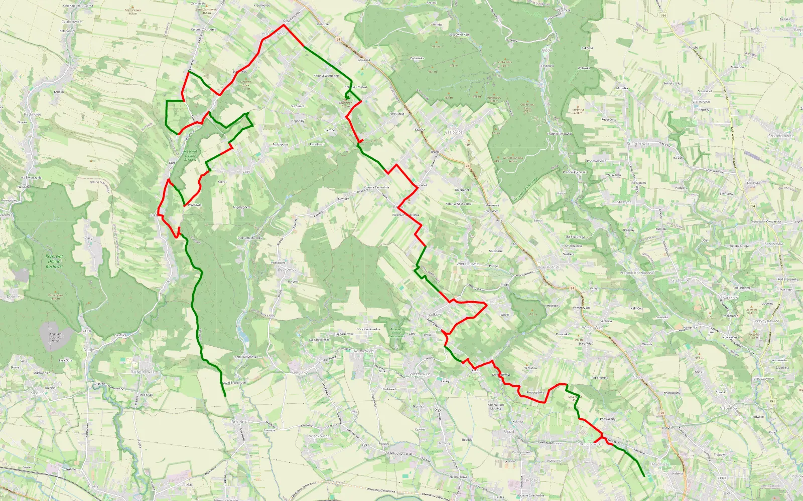Mapa trasy Modlnica - Źródło Pióro - Brzezinka - 35.5 km trasy offroad, Powiat Krakowski